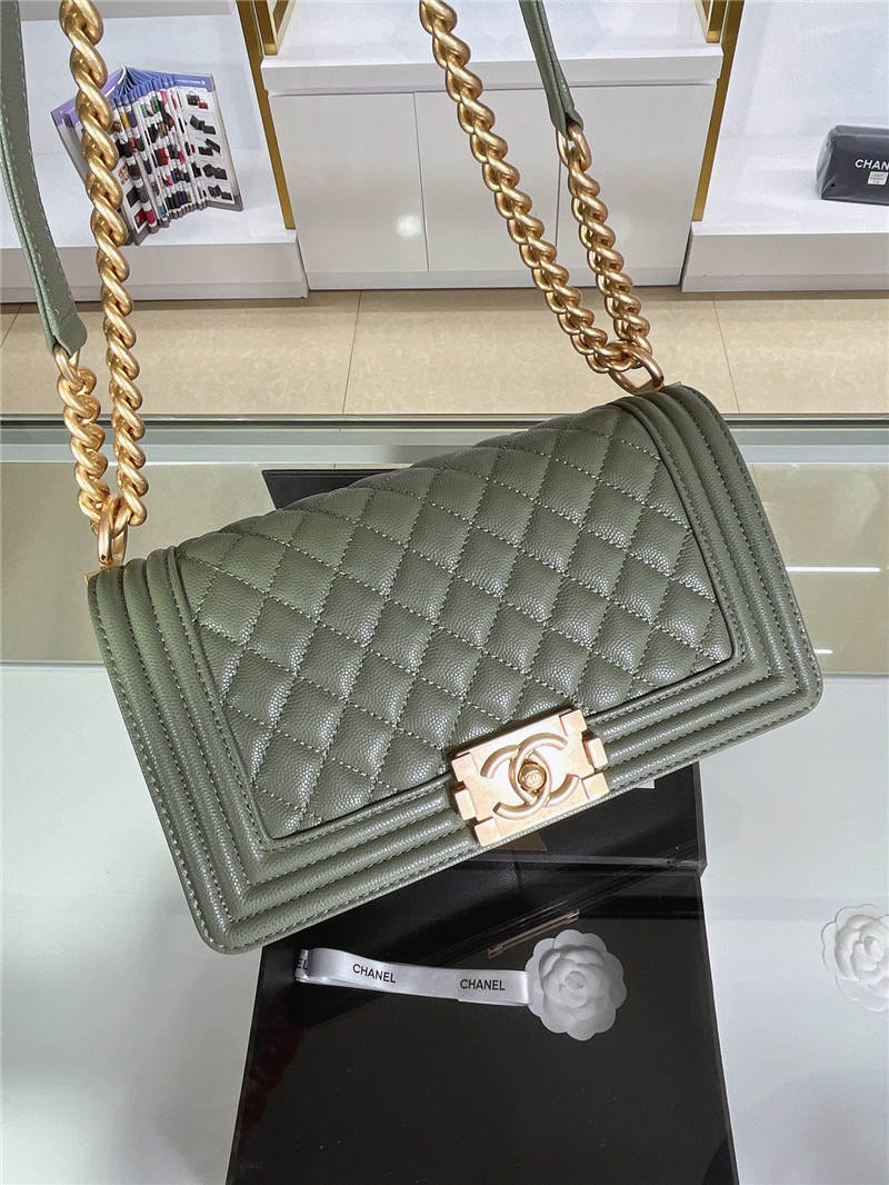 BOY Chanel HANDBAG Grained Calfskin Olive Matt-Gold Metal High