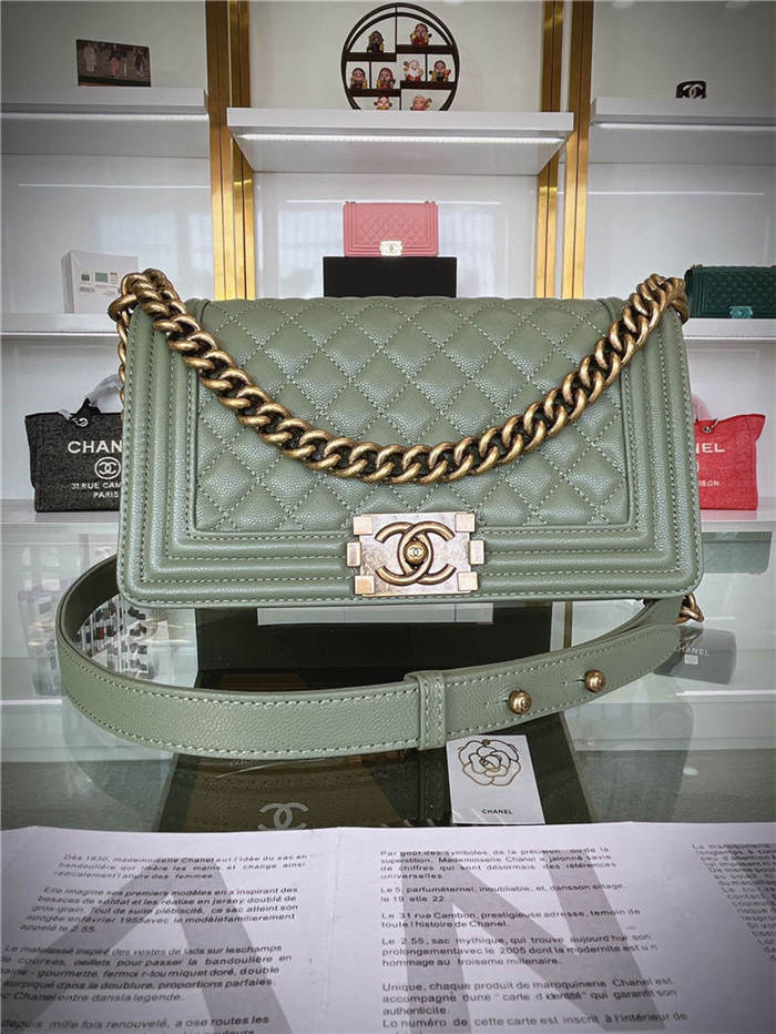 BOY Chanel HANDBAG Grained Calfskin Olive Anti-Gold Metal High