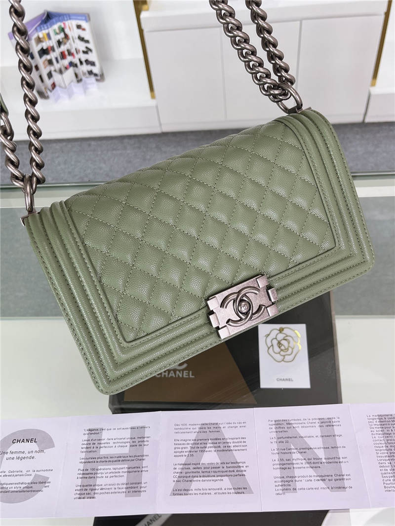 BOY Chanel HANDBAG Grained Calfskin Olive Anti-Silver Metal High