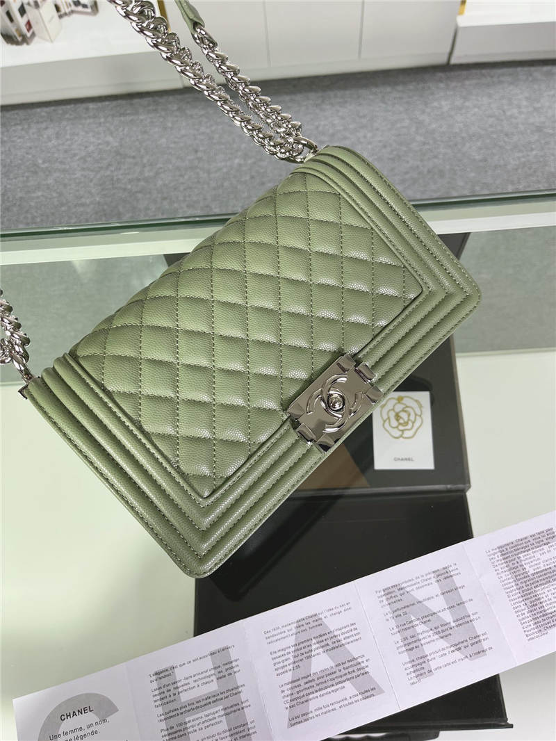 BOY Chanel HANDBAG Grained Calfskin Olive Silver Metal High