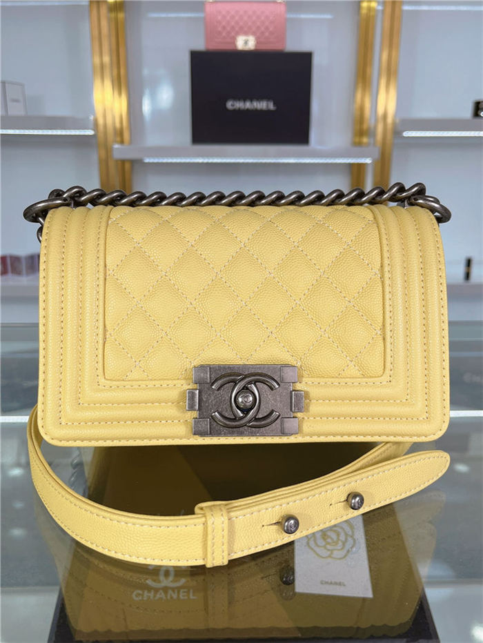 SMALL BOY Chanel HANDBAG Grained Calfskin Yellow Anti-Silver Metal High