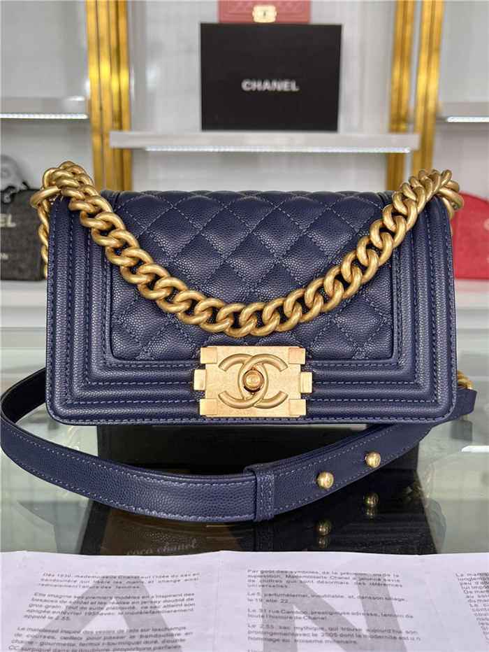 SMALL BOY Chanel HANDBAG Grained Calfskin Navy Blue Matt-Gold Metal High