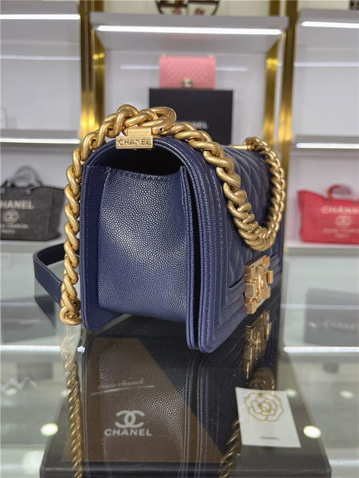 SMALL BOY Chanel HANDBAG Grained Calfskin Navy Blue Matt-Gold Metal High