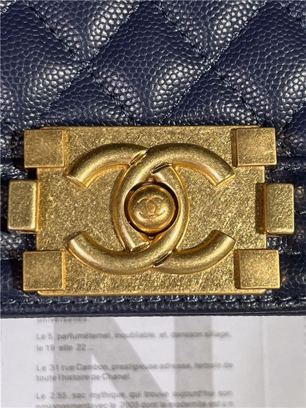 SMALL BOY Chanel HANDBAG Grained Calfskin Navy Blue Matt-Gold Metal High