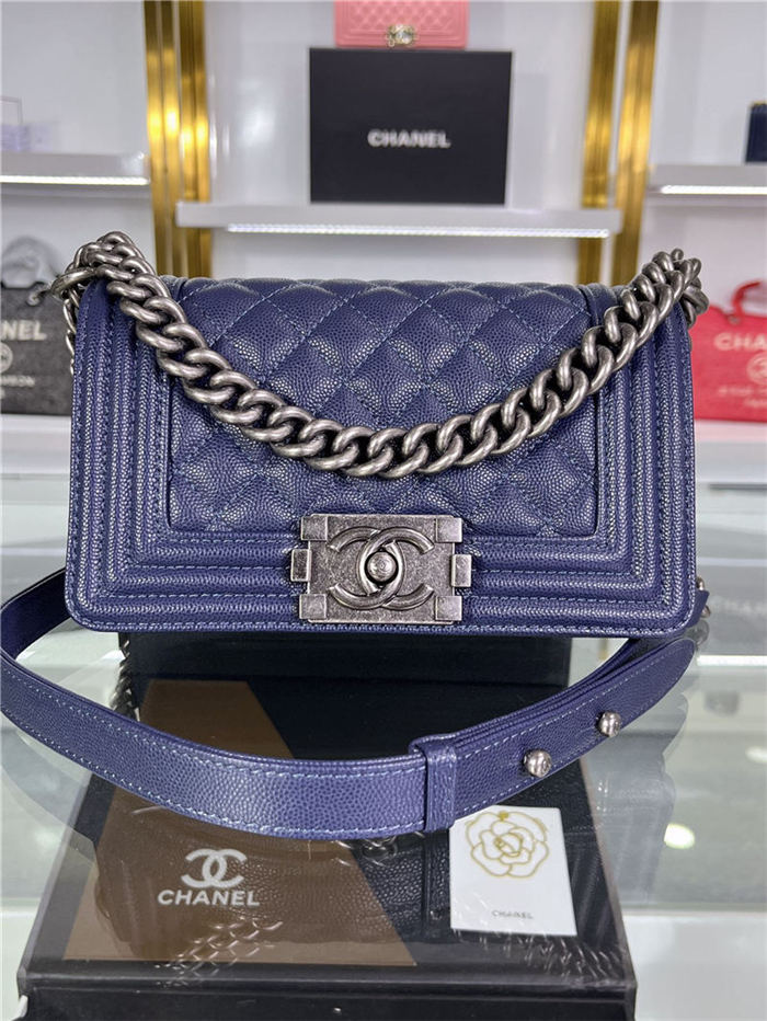 SMALL BOY Chanel HANDBAG Grained Calfskin Navy Blue Anti-Silver Metal High