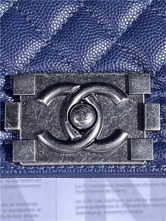 SMALL BOY Chanel HANDBAG Grained Calfskin Navy Blue Anti-Silver Metal High