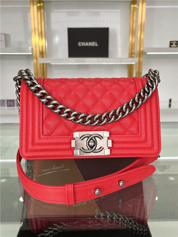 SMALL BOY Chanel HANDBAG Grained Calfskin Red Anti-Silver Metal High