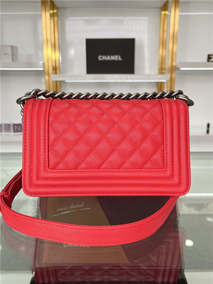 SMALL BOY Chanel HANDBAG Grained Calfskin Red Anti-Silver Metal High