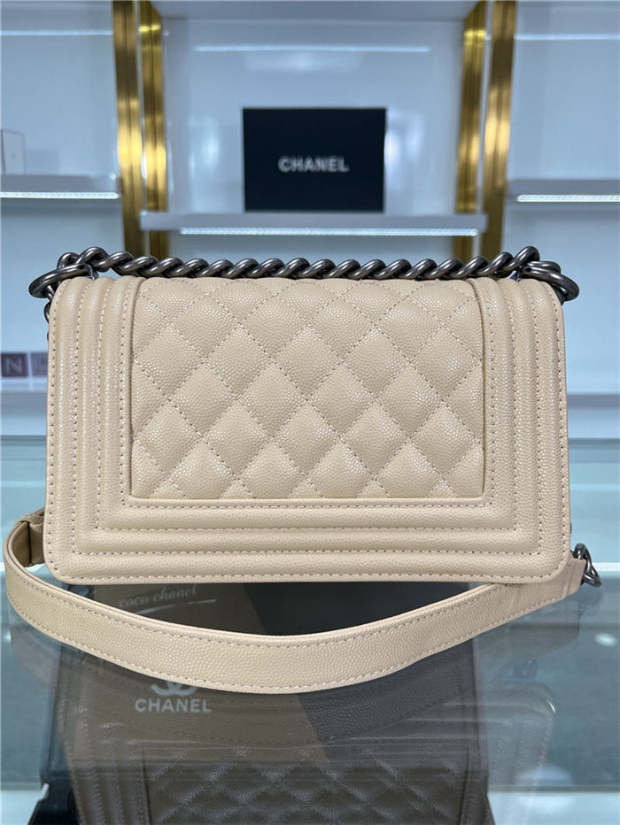 SMALL BOY Chanel HANDBAG Grained Calfskin Beige Anti-Silver Metal High