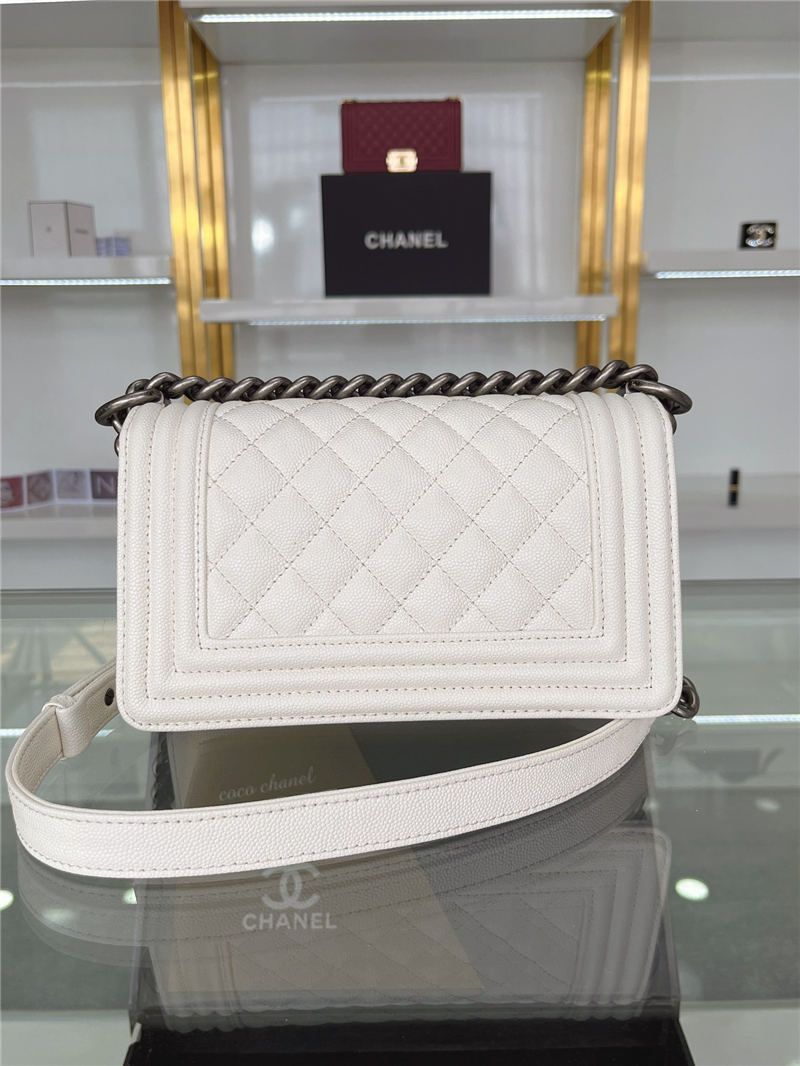 SMALL BOY Chanel HANDBAG Grained Calfskin White Anti-Silver Metal High