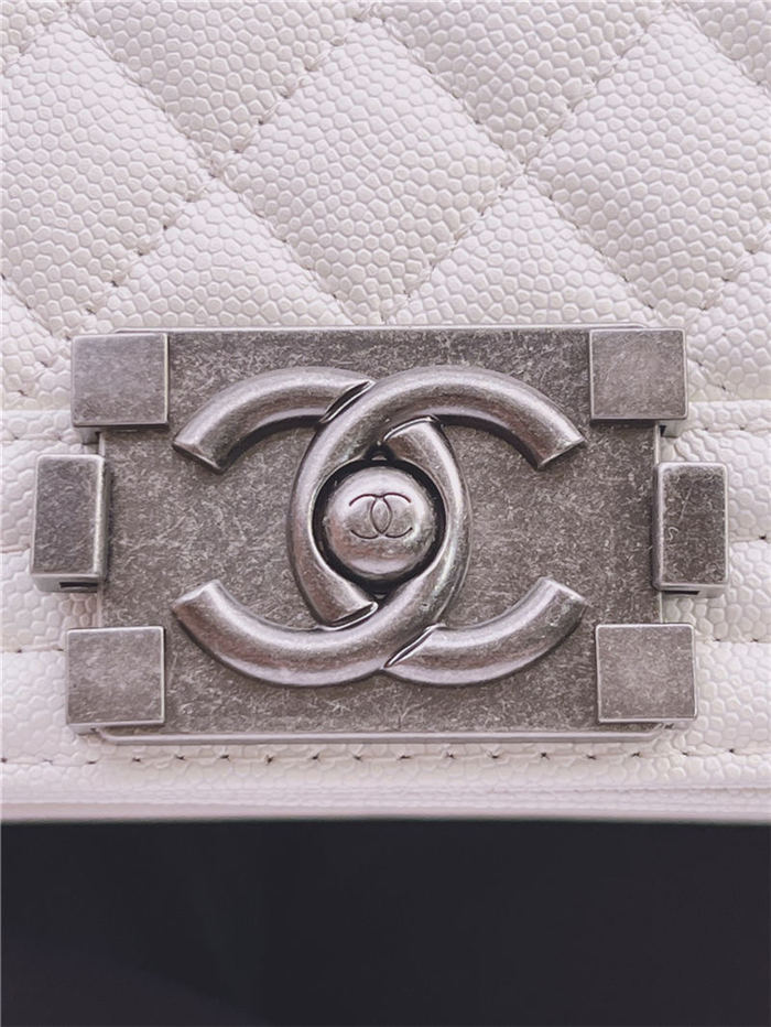 SMALL BOY Chanel HANDBAG Grained Calfskin White Anti-Silver Metal High