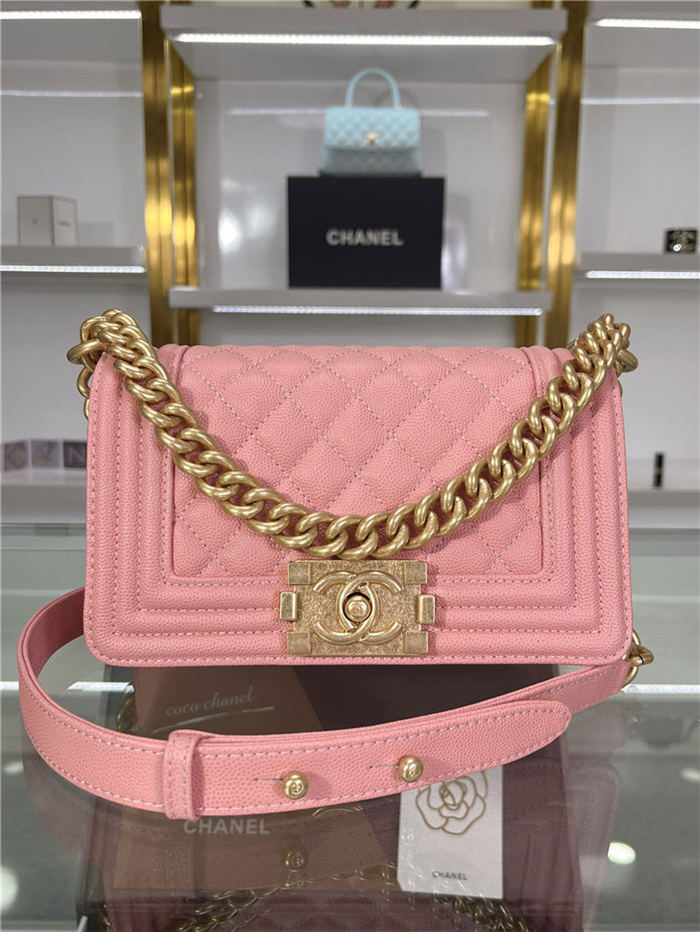 SMALL BOY Chanel HANDBAG Grained Calfskin Pink Matt-Gold Metal High