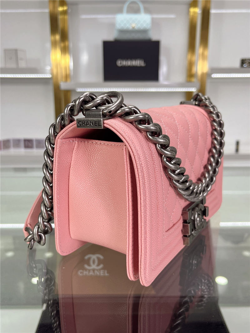 SMALL BOY Chanel HANDBAG Grained Calfskin Pink Anti-Silver Metal High