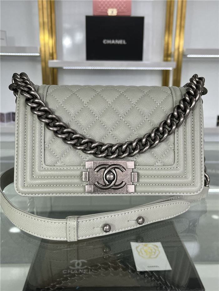 SMALL BOY Chanel HANDBAG Grained Calfskin Grey Anti-Silver Metal High