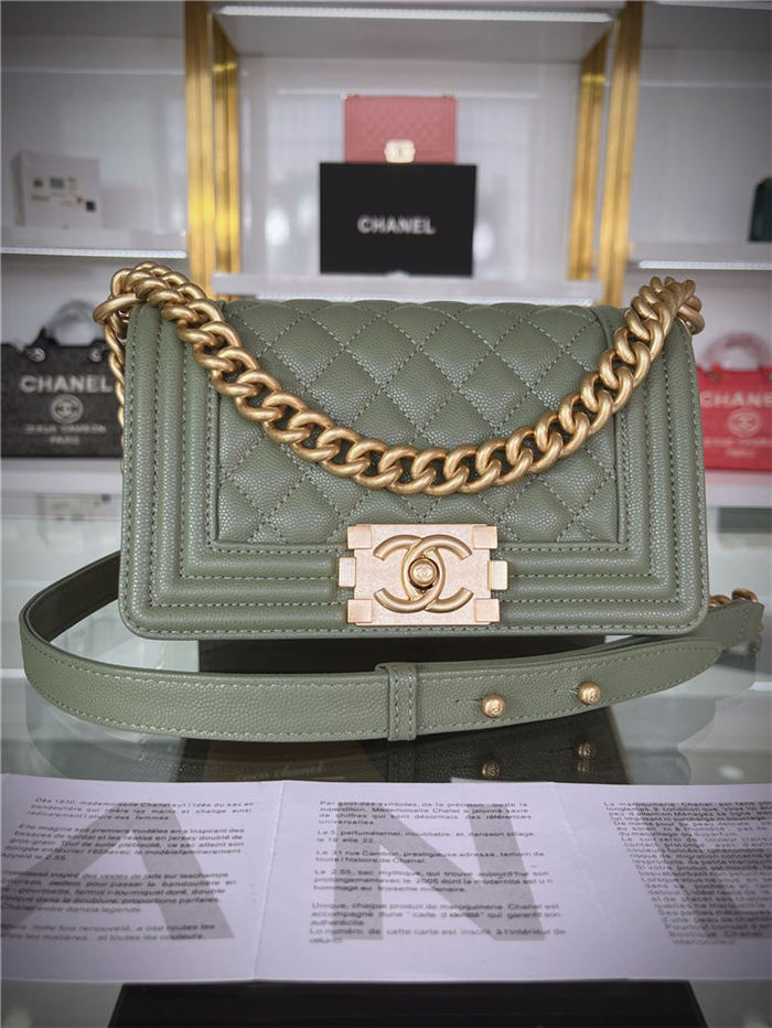 SMALL BOY Chanel HANDBAG Grained Calfskin Olive Matt-Gold Metal High