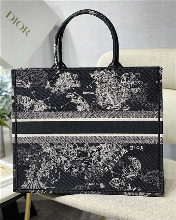 LARGE Dior BOOK TOTE Toile de Jouy Zodiac Embroidery Black High