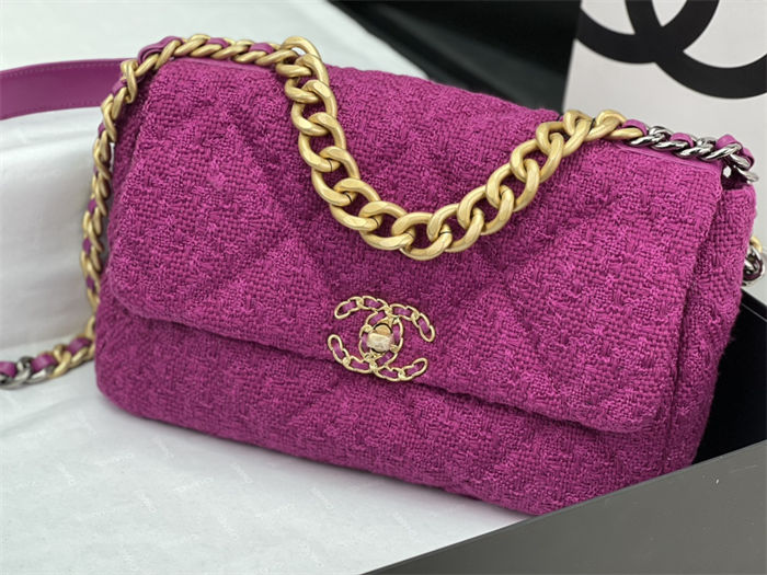 Large Chanel 19 Flap Bag Tweed Gold-Tone Fuchsia High