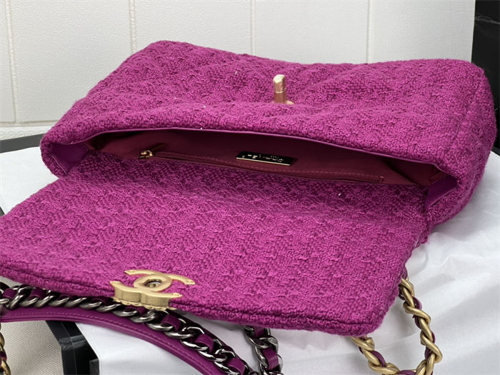 Large Chanel 19 Flap Bag Tweed Gold-Tone Fuchsia High