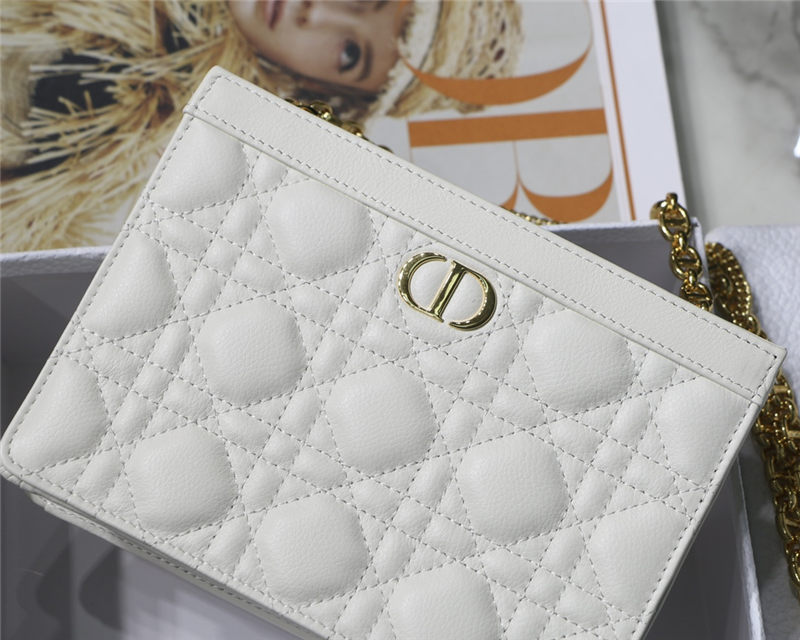 Dior CARO ZIPPED POUCH WITH CHAIN Supple Cannage Calfskin White High