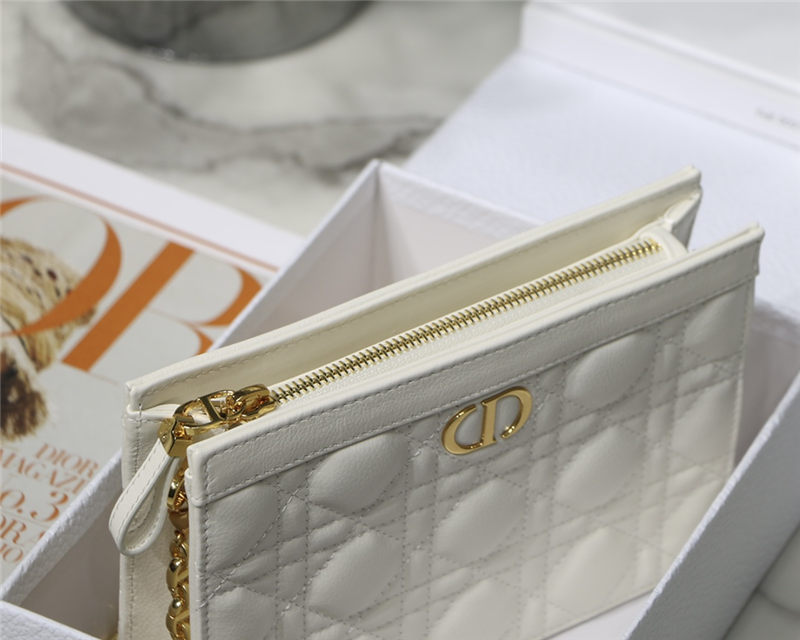 Dior CARO ZIPPED POUCH WITH CHAIN Supple Cannage Calfskin White High