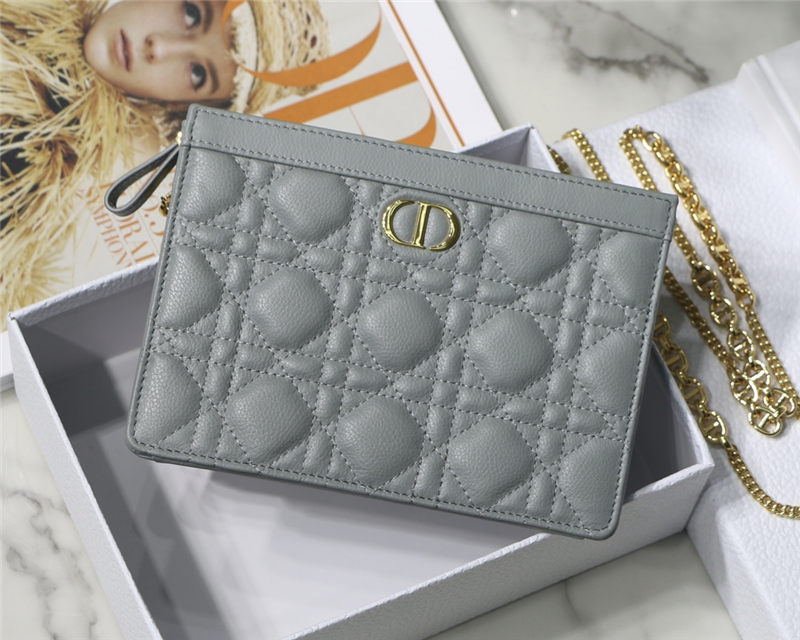 Dior CARO ZIPPED POUCH WITH CHAIN Supple Cannage Calfskin Grey High