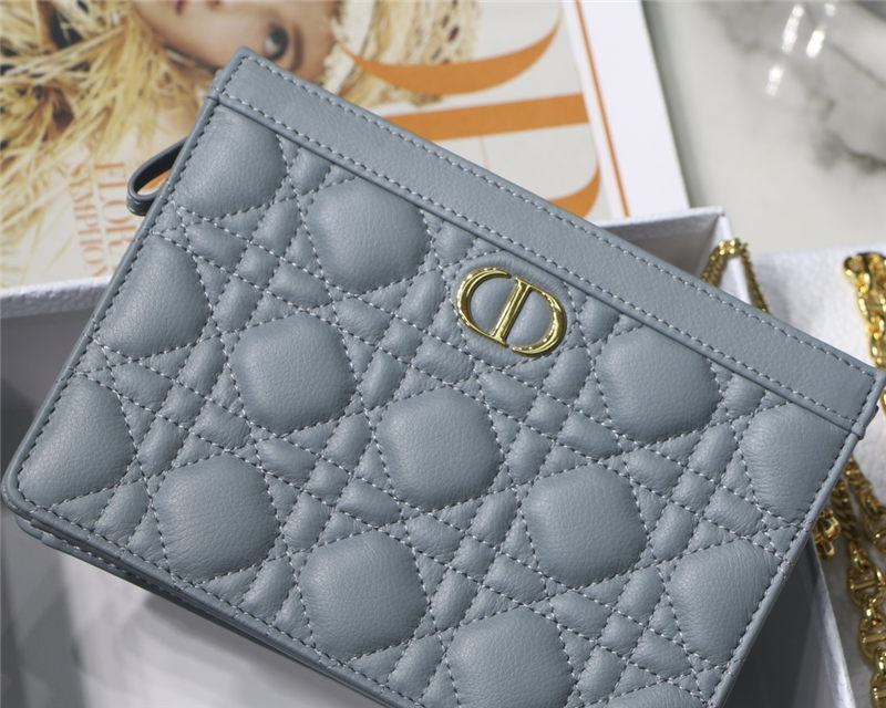 Dior CARO ZIPPED POUCH WITH CHAIN Supple Cannage Calfskin Grey Blue High