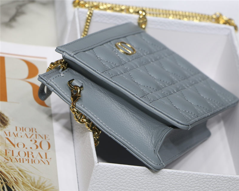 Dior CARO ZIPPED POUCH WITH CHAIN Supple Cannage Calfskin Grey Blue High