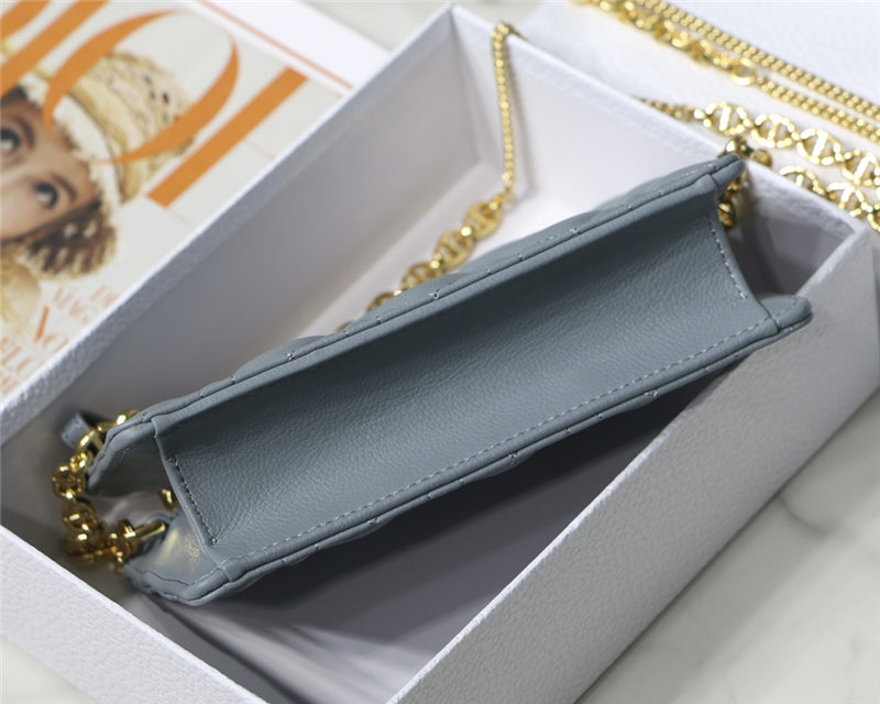 Dior CARO ZIPPED POUCH WITH CHAIN Supple Cannage Calfskin Grey Blue High