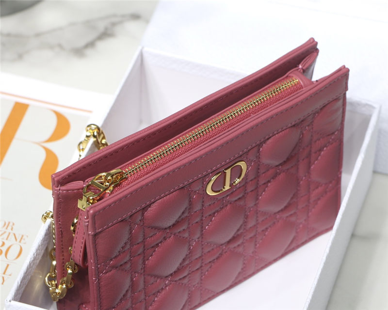 Dior CARO ZIPPED POUCH WITH CHAIN Supple Cannage Calfskin Fuchsia High