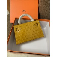 Hermes Kelly Mini II Bag Embossed Crocodile Leather WAX Silver/Gold Metal High