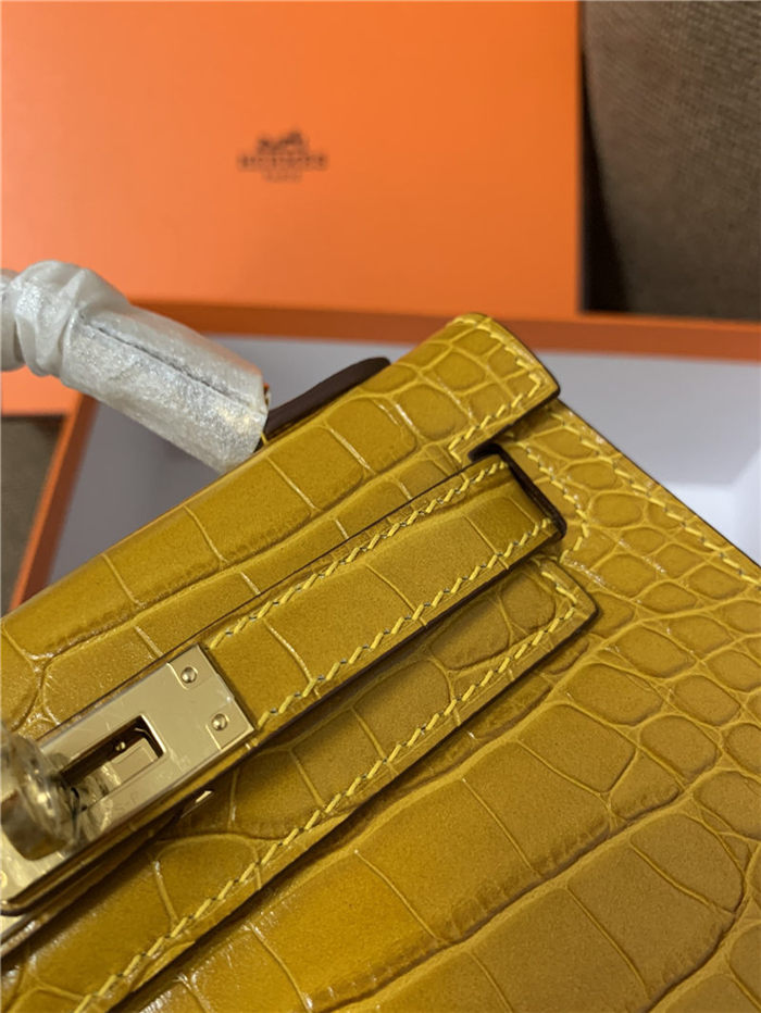 Hermes Kelly Mini II Bag Embossed Crocodile Leather WAX Silver/Gold Metal High