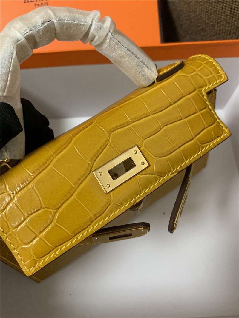 Hermes Kelly Mini II Bag Embossed Crocodile Leather WAX Silver/Gold Metal High