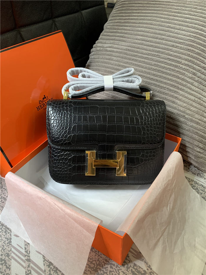 Hermes Constance 24cm Crocodile Leather Bag Silver/Gold Metal High