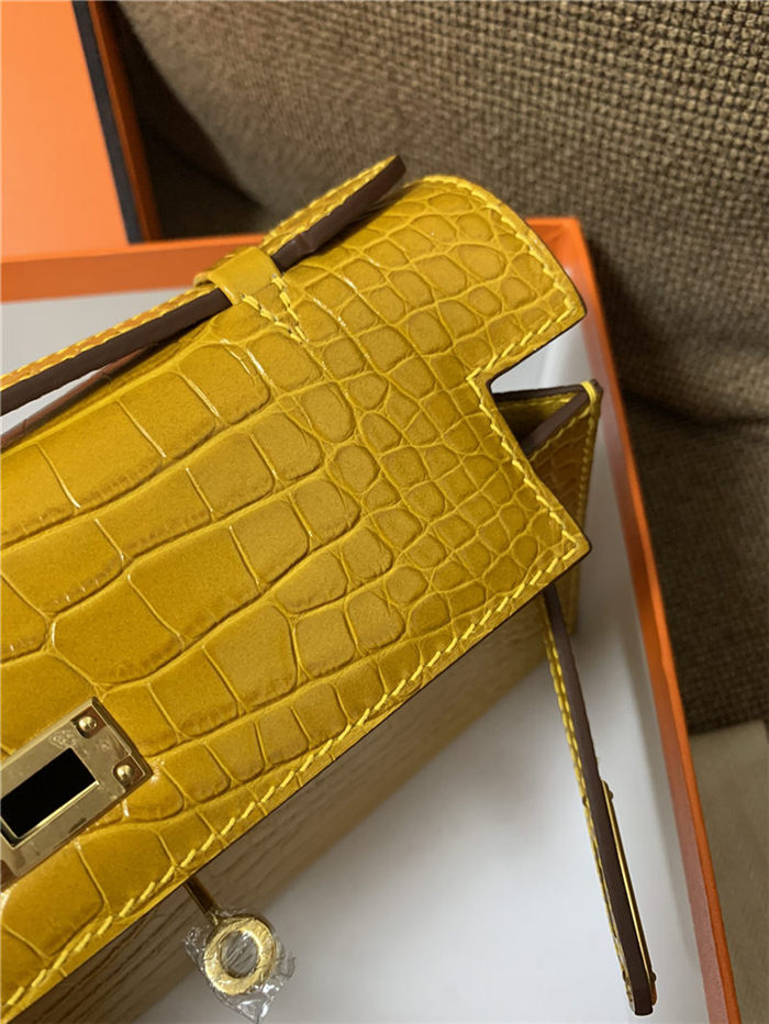 Hermes Kelly Pochette Bag Crocodile Silver/Gold Metal WAX High