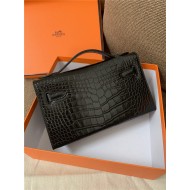 Hermes Kelly Pochette Bag Crocodile Silver/Gold Metal WAX Black High