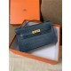 Hermes Kelly Pochette Bag Crocodile Silver/Gold Metal WAX High