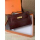 Hermes Kelly Pochette Bag Crocodile Silver/Gold Metal WAX High