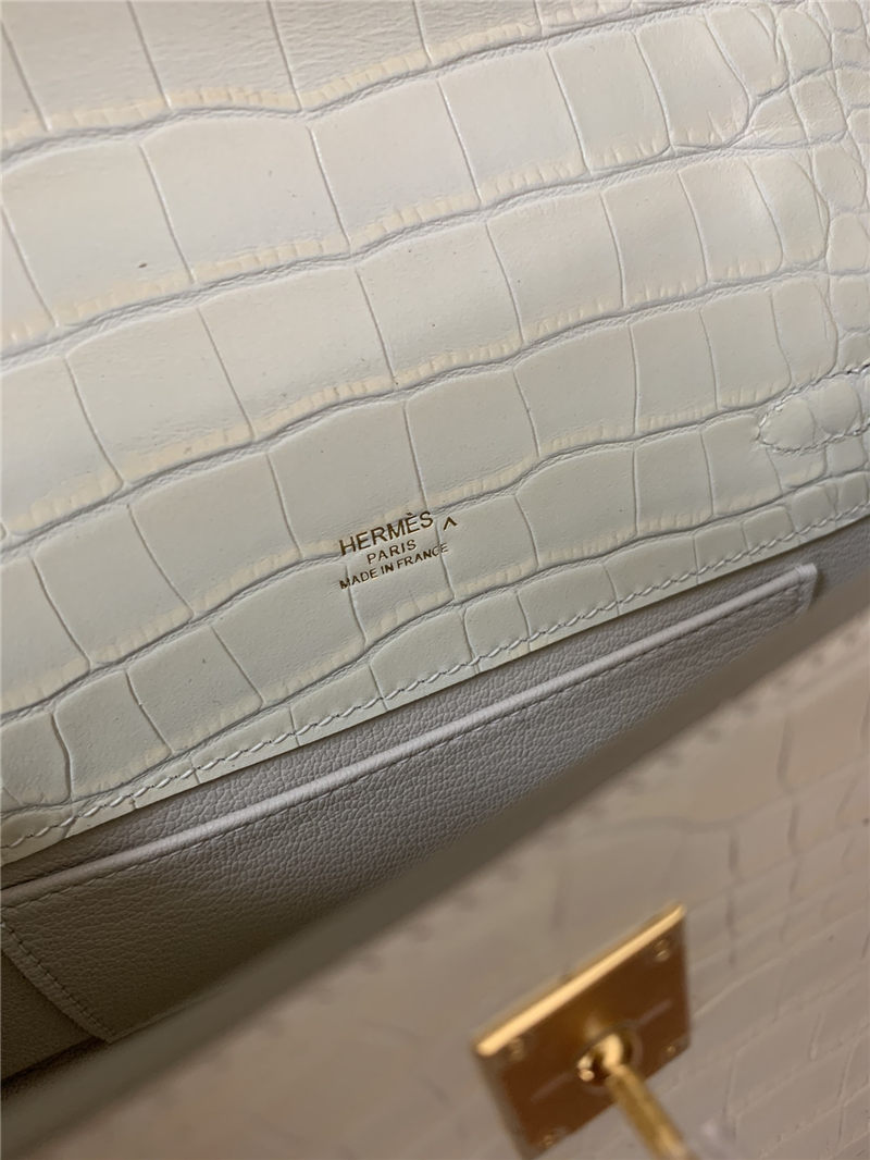 Hermes Kelly Pochette Bag Crocodile Silver/Gold Metal WAX High