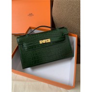 Hermes Kelly Pochette Bag Crocodile Silver/Gold Metal WAX High