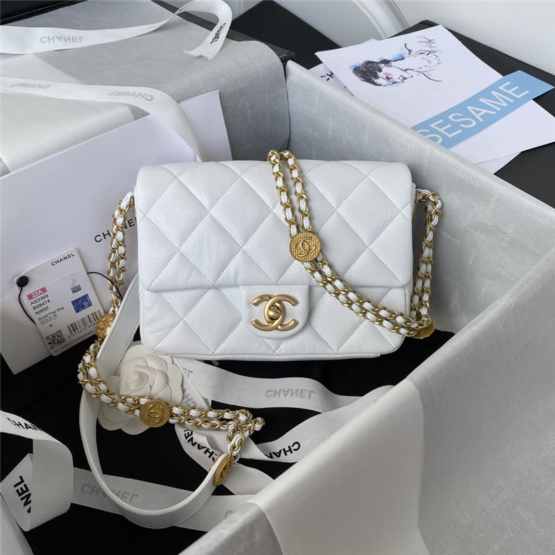 Chanel SMALL FLAP BAG Grained Shiny Calfskin & Gold-Tone Metal AS3369 White A