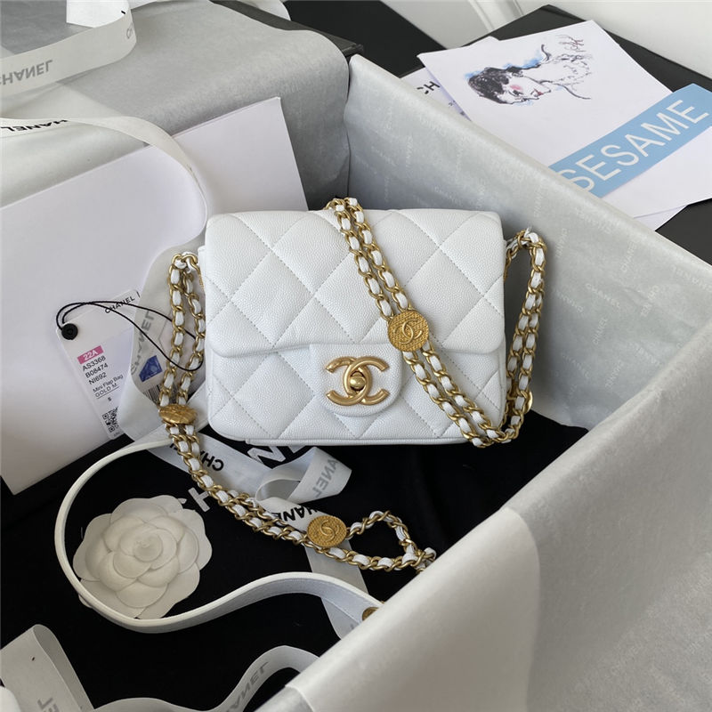 Chanel MINI FLAP BAG Grained Shiny Calfskin & Gold-Tone Metal AS3368 White A