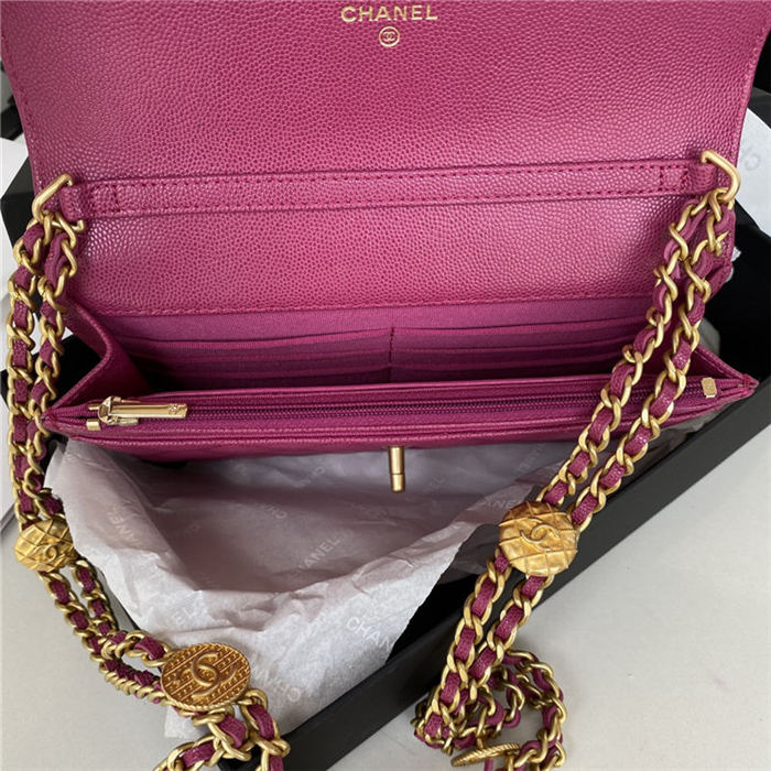 WALLET ON CHAIN Grained Shiny Calfskin & Gold-Tone Metal AP2840 Fuchsia A