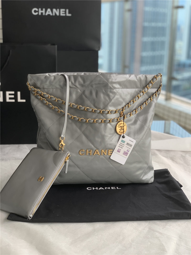 Chanel 22 MEDIUM HANDBAG Shiny Calfskin & Gold-Tone Metal AS3261 Grey High