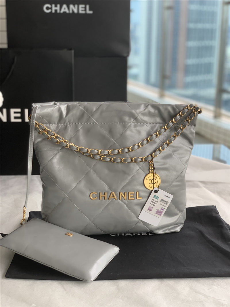 Chanel 22 SMALL HANDBAG Shiny Calfskin & Gold-Tone Metal AS3260 Grey High