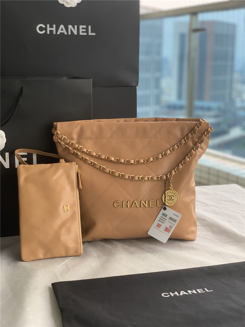 Chanel 22 SMALL HANDBAG Shiny Calfskin & Gold-Tone Metal AS3260 Camel High