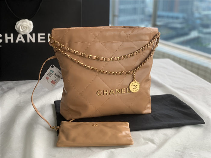 Chanel 22 SMALL HANDBAG Shiny Calfskin & Gold-Tone Metal AS3260 Camel High