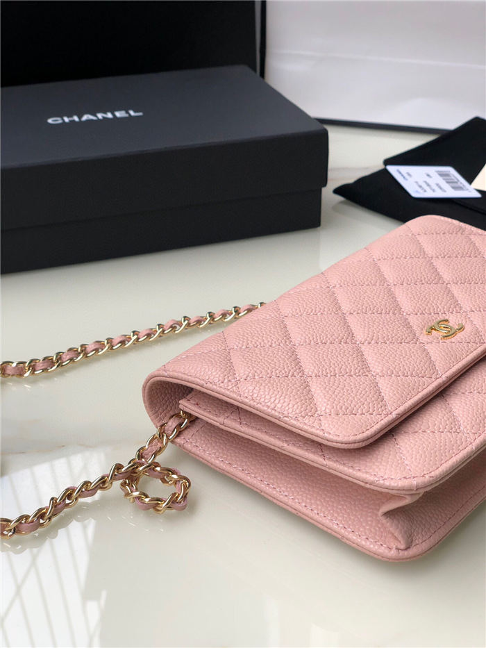 Classic Wallet on Chain A33814 Grained Calfskin Gold/Silver Metal Pink A