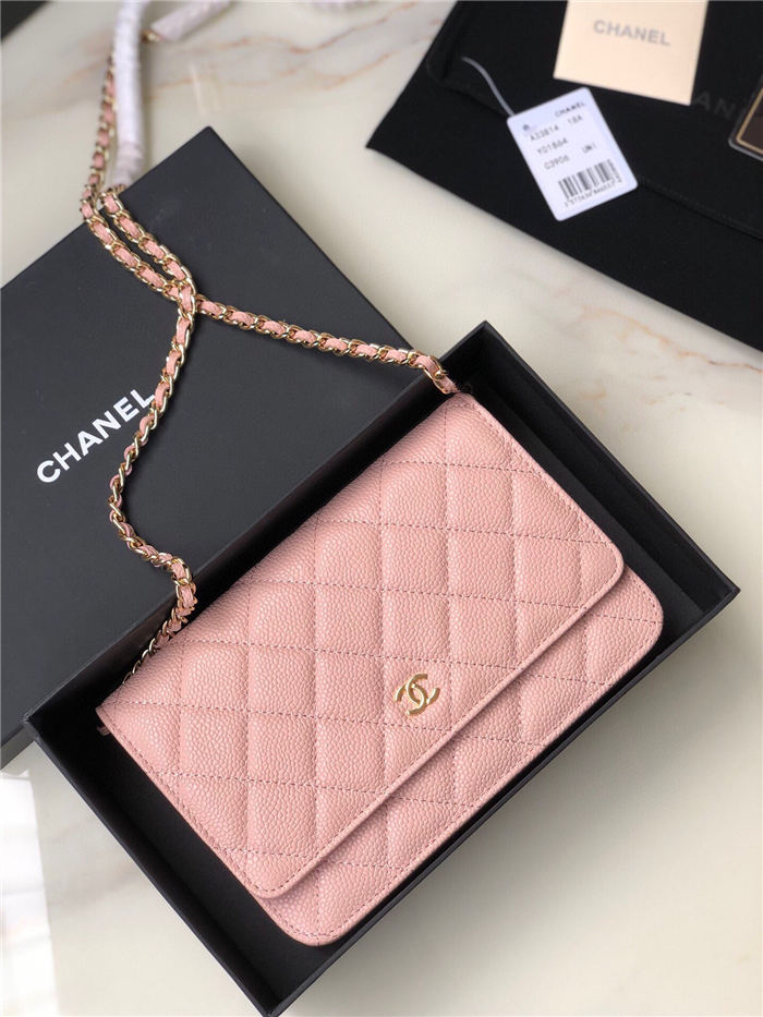 Classic Wallet on Chain A33814 Grained Calfskin Gold/Silver Metal Pink A