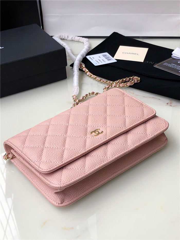 Classic Wallet on Chain A33814 Grained Calfskin Gold/Silver Metal Pink A