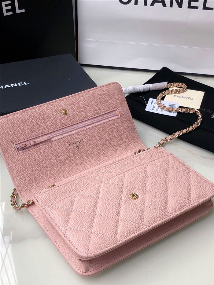 Classic Wallet on Chain A33814 Grained Calfskin Gold/Silver Metal Pink A